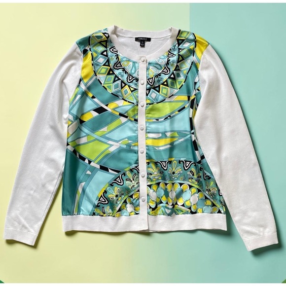Carlisle Sweaters - Carlisle Cardigan Size L Silk Scarf Print Multicolor Glam Chic Office Elegance